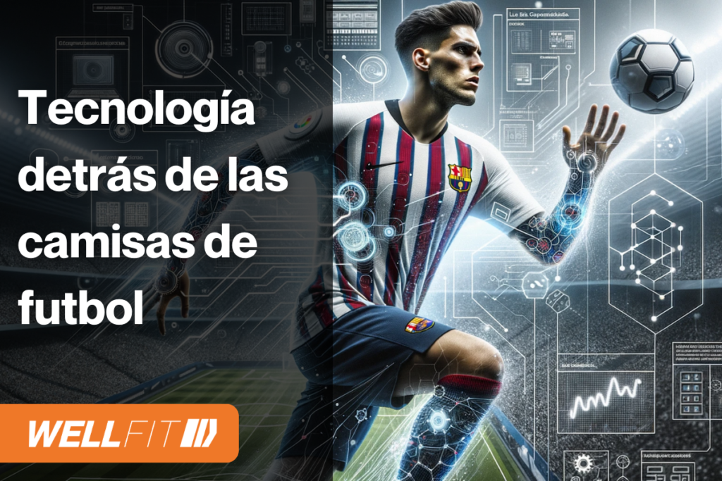 Ilustración de un jugador de fútbol vistiendo una camiseta de alta tecnología con elementos tecnológicos a su alrededor.