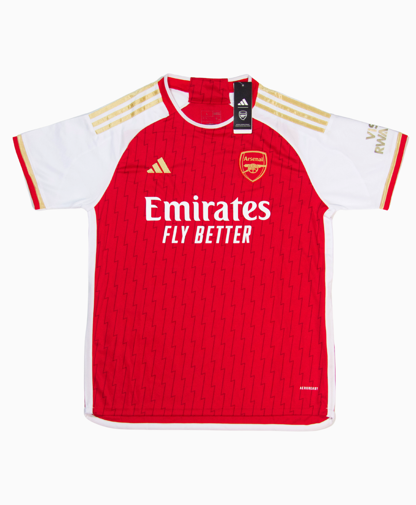 Imagen de la camiseta de local del Arsenal de la temporada 2023-2024, vista frontal.