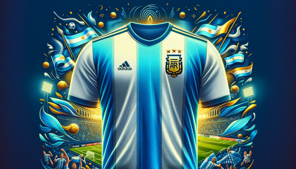 Nueva camiseta de fútbol de Argentina 2023-2024 con rayas azules y blancas y tres estrellas doradas, simbolizando victorias en la Copa Mundial, en un fondo que representa la cultura futbolística argentina.