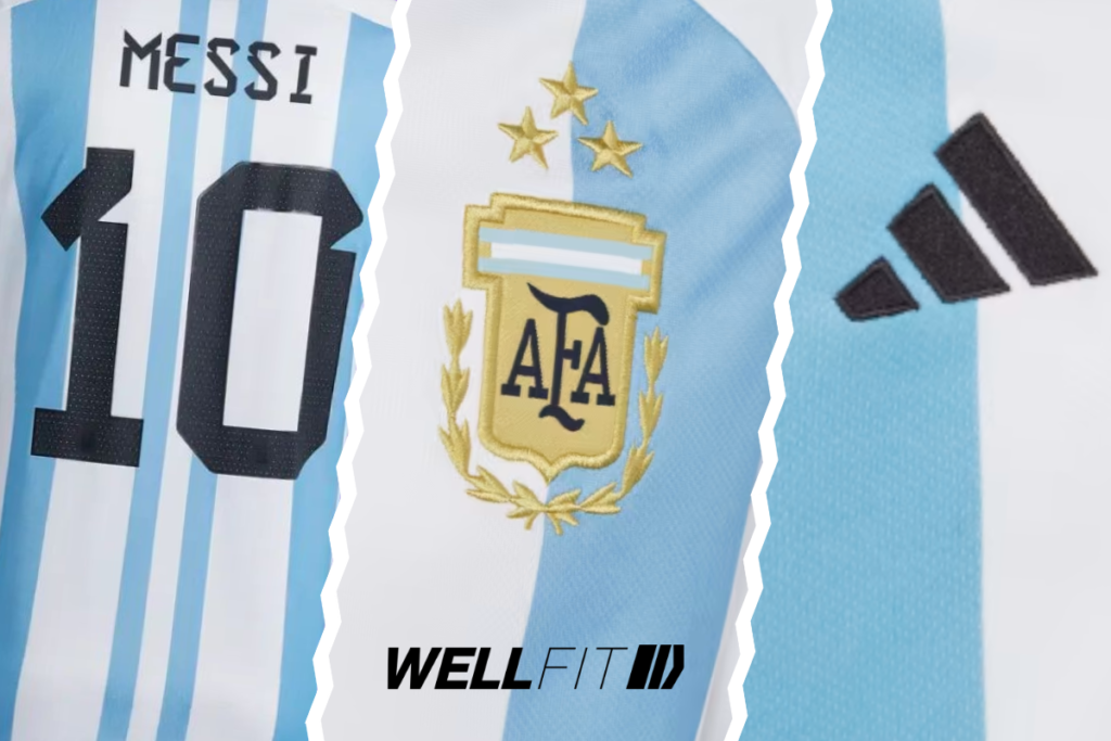 Detalles del diseño de la camiseta de fútbol de la selección argentina, temporada 2023/24.