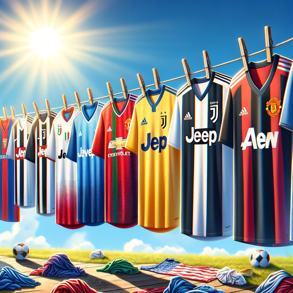 Una variedad de camisetas de fútbol de equipos famosos colgadas en un tendedero al aire libre en un día soleado.