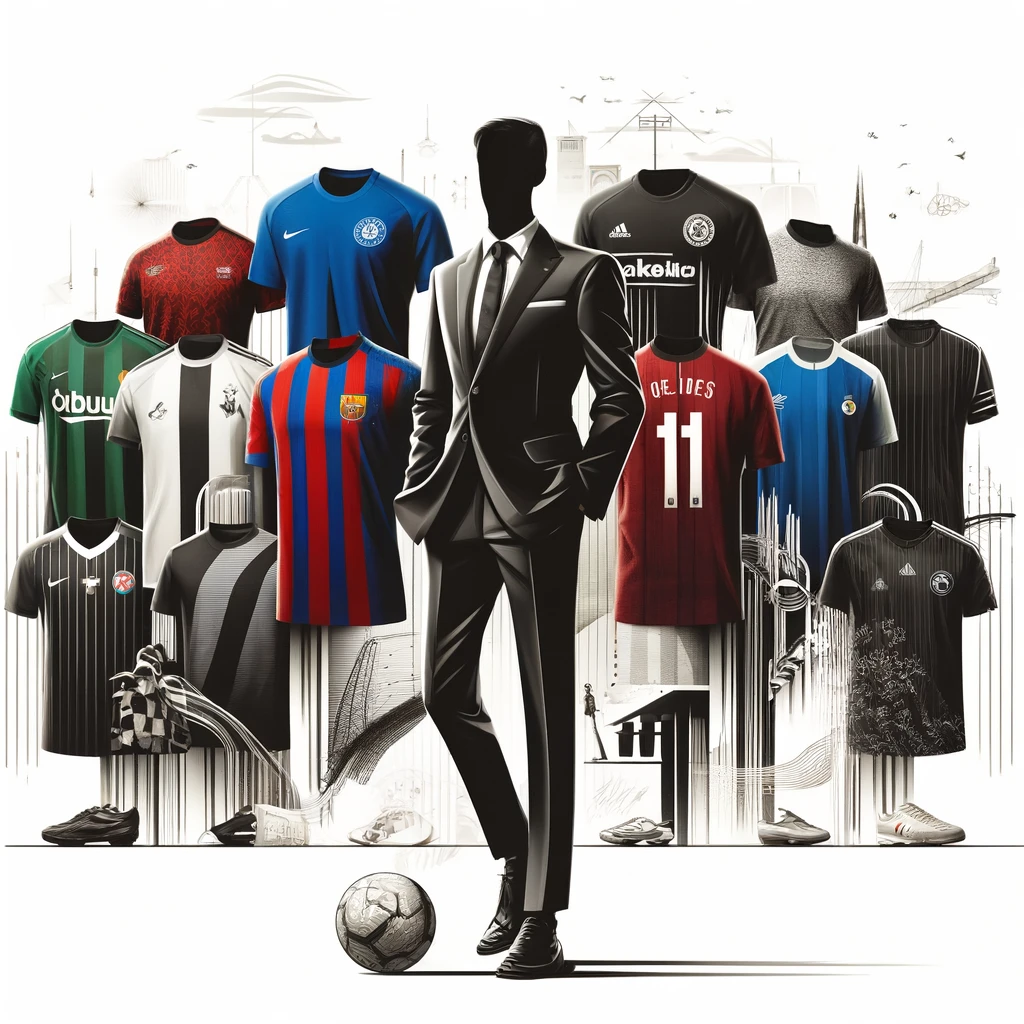 Imagen destacada moderna y elegante para un blog sobre el impacto de las camisetas de fútbol en la moda y la cultura popular. La imagen presenta una variedad de camisetas de clubes y selecciones famosas, dispuestas de manera sofisticada. El fondo incluye elementos sutiles de la cultura urbana y el deporte, como un paisaje urbano minimalista, patrones abstractos de graffiti y toques de luces de estadio, creando una sensación estilizada y contemporánea. La imagen transmite la integración de las camisetas de fútbol en la moda y la cultura popular, destacando su importancia estilística y cultural.