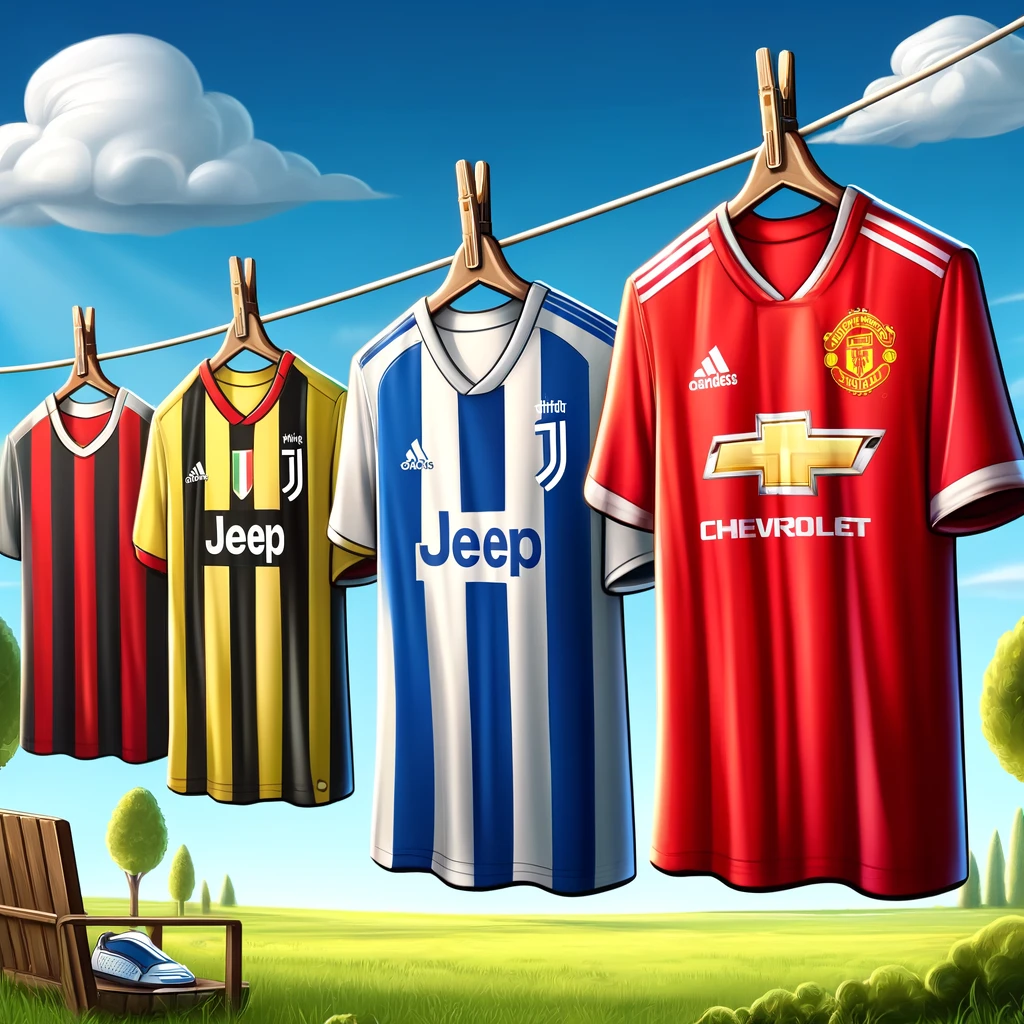 Camisetas de fútbol de equipos famosos colgadas en un tendedero al aire libre, secándose al sol en un día claro y soleado.