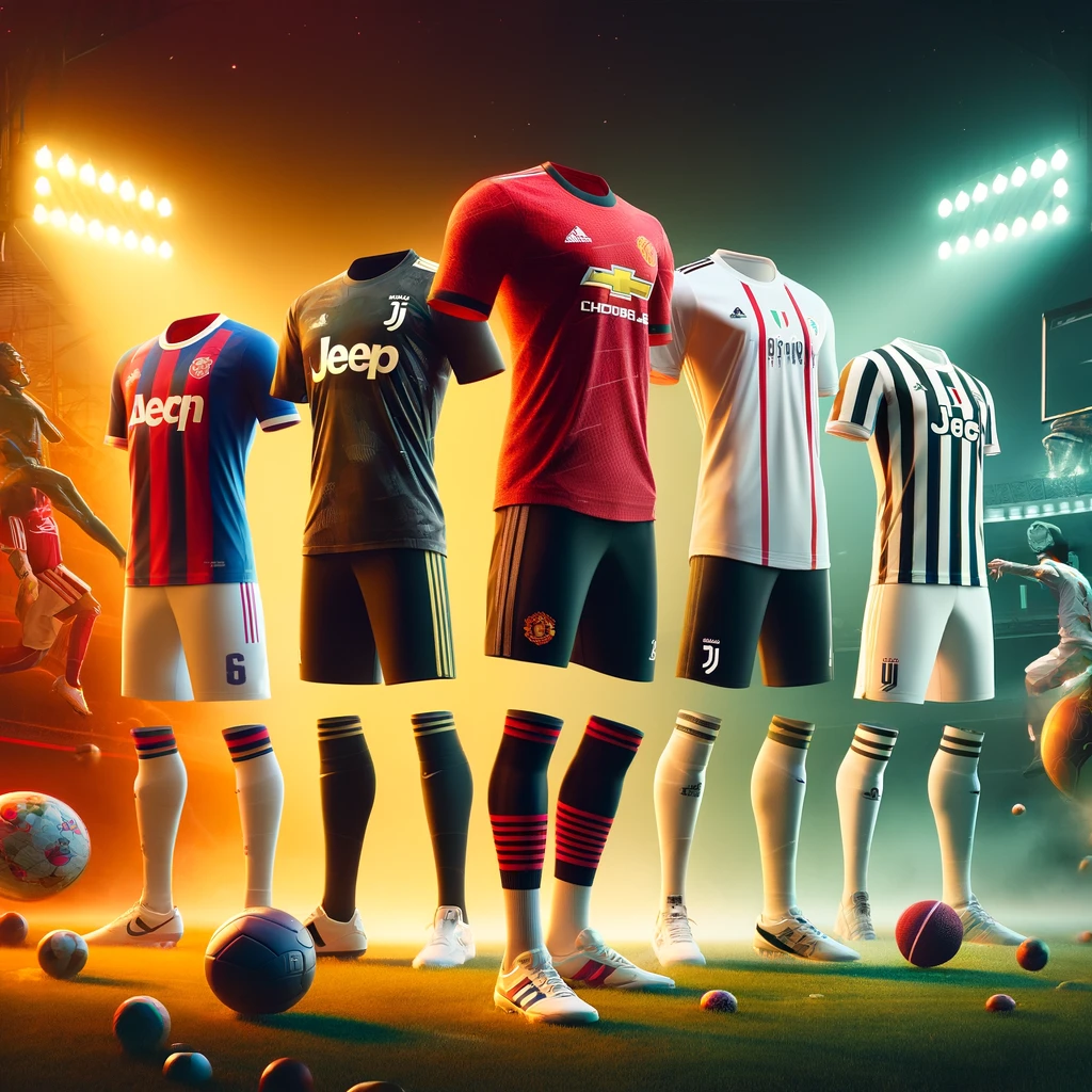 Collage vibrante de camisetas icónicas de fútbol de diferentes eras y equipos importantes como Manchester United, Real Madrid, Juventus y Milan, con un estadio de fondo lleno de aficionados y luces brillantes.